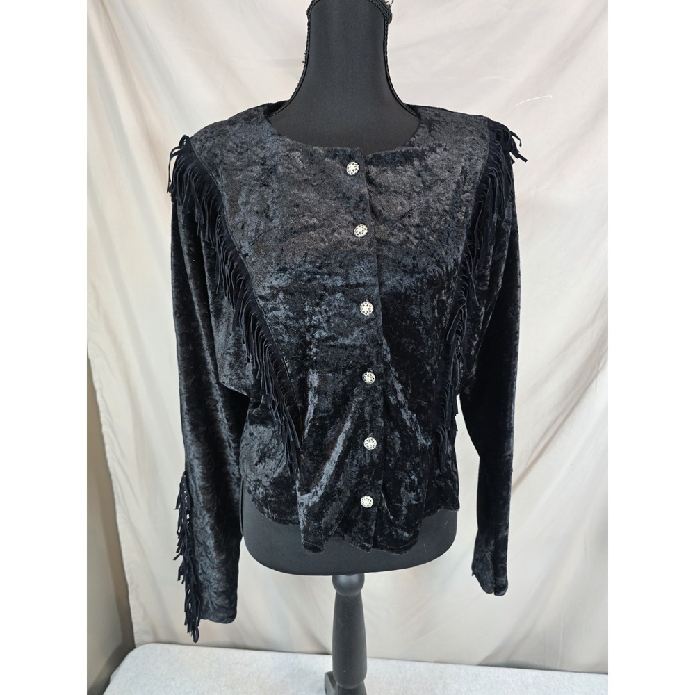 vintage Banjo black crushed velvet jacket featuring fringe detailing Dallas TX
